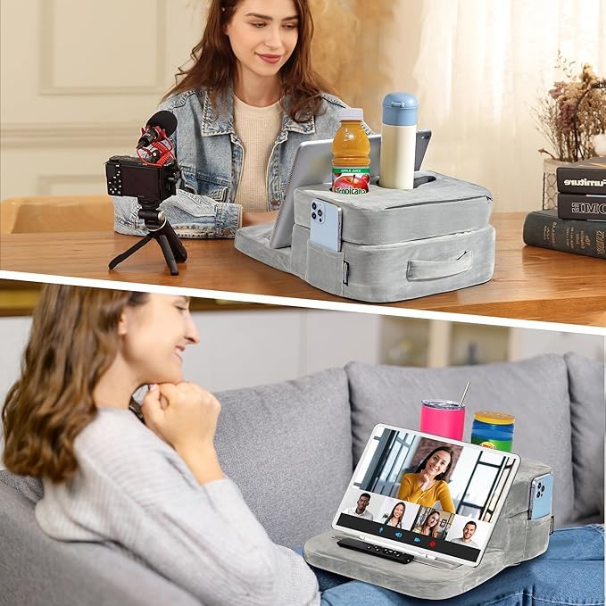 TabCouchCaddy - Couch Cup Holder Tray Pillow - Bed, Couch Caddy, Sofa, RV & Car - Holds Drinks, Snacks, Remotes, Phones, Kindle, Tablet | Bed Cup Holder (Grey) - color: Grey