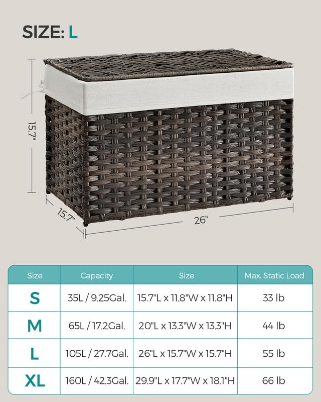 SONGMICS Storage Basket with Lid, Woven Blanket Storage Bin with Handles, Foldable, Removable Liner, Metal Frame, for Bedroom, Laundry Room, 27.7 Gallons (105 L), Brown URST066K01 - color: Brown, size: 105 L