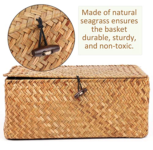Yesland Handwoven Seagrass Rattan Storage Basket - 11.5'' x 7.5'' x 5'' - Brown Rectangular Makeup Organizer Container with Lid, Perfect for Decoration, Picnic, Groceries and Toy Storage (Pack of 2) - size: 11.5'' x 7.5'' x 5'' (Pack of 2)