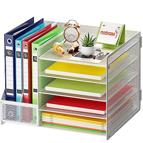 Marbrasse Desk Organizer with File Holder, 5-Tier Paper Letter Tray, Mesh Desk Organizers and Accessories with Magazine Holder, Desktop Organizer and Storage for Office Supplies (White) - color: Desk Organizer File Holder No Drawer- White