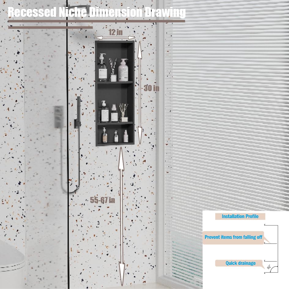 Stainless Steel Niche for Shower Wall，Shower Niche Insert Tile Ready ，Organizer Storage for Room，3-Tier Shelves ，Matte Black (Black，30 * 12 in) - color: Black, size: 30 * 12 in