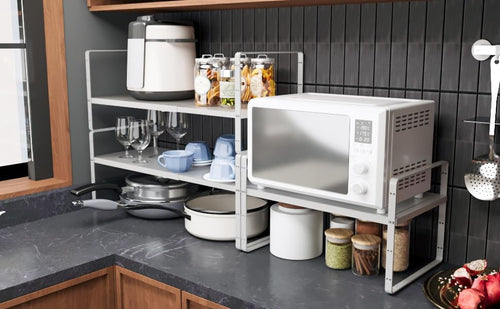 16.5~27.1" Expandable Shelf Organizer, 1Pack 8.1" Wide Stackable Cabinet Shelf Organizers, White Metal Sturdy Kitchen Counter Storage for Countertop, Adjustable Height Spice Rack - color: White, size: 1Pack-8''W-Holeless