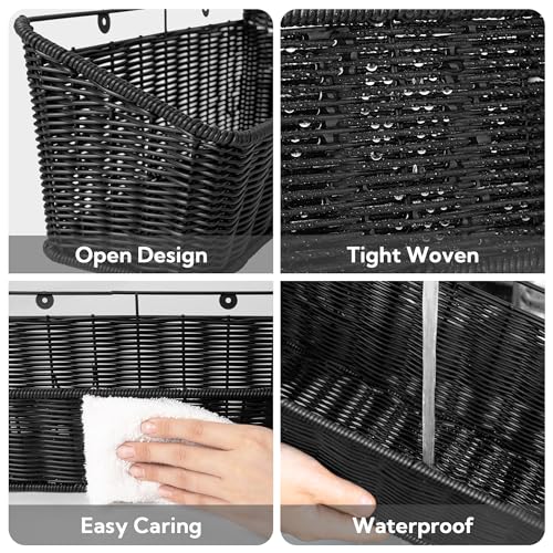 GRANNY SAYS Wicker Hanging Basket, 2 Pack Wall Basket for Kitchen, Fruit and Vegetable Storage Cabinet, Pantry Storage Spice Organization for Cabinet, Adhesive Shelf for Bathroom, Black - color: Black