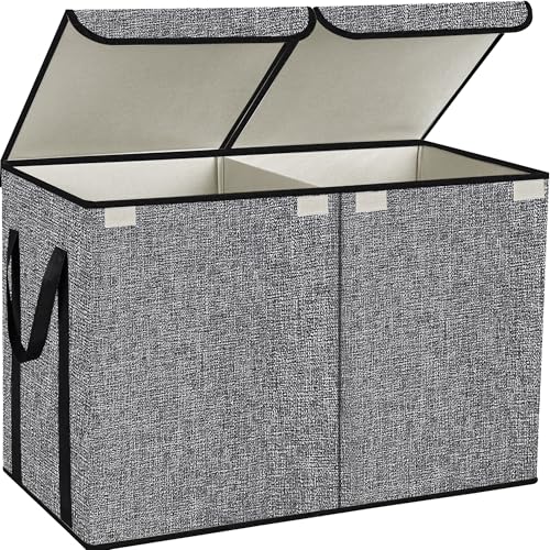 YOLOXO Large Kids Toy Box Chest Storage organizer with Double Flip-Top Lid - Collapsible Sturdy Toy Organizers And Storage Bins With Big Handles For Nursery, Playroom, 26.8"x13.8"x16"(Grey) - color: Dark Grey