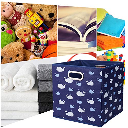 13x13x13 Inch Collapsible Storage Cubes, 3 Pack - Blue Nautical Ocean Themed with White Whale Pattern, Sturdy Cloth Cubes with Cardboard Support for Cubby Storage - color: Navy Blue-Whale