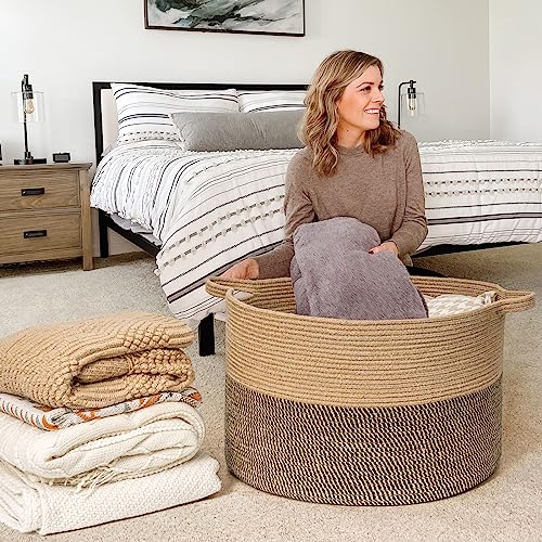 Goodpick Extra Large Wicker Storage Basket, 83L Woven Blanket Storage for Living Room, Round Baby Basket for Clothes, Big Laundry Hamper for Pillow, 21.7 x 13.8 inches - color: Black & Jute, size: 21.7x21.7x13.8 Inch (Pack of 1)