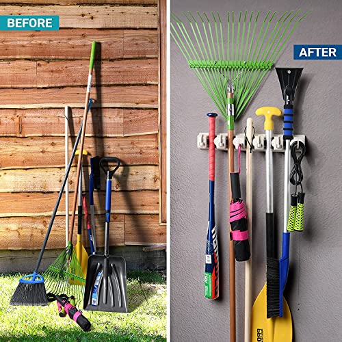 Mop and Broom Holder Wall Mount 2 Pack - Garage Storage Organizer with 5 Slots, 6 Hooks, 7.5lbs Capacity Per Slot - Home, Kitchen, Closet, Laundry Room Organization – Off-White Broom Hanger - color: Off-White, size: 2 Pack 5-position, 6-Hooks