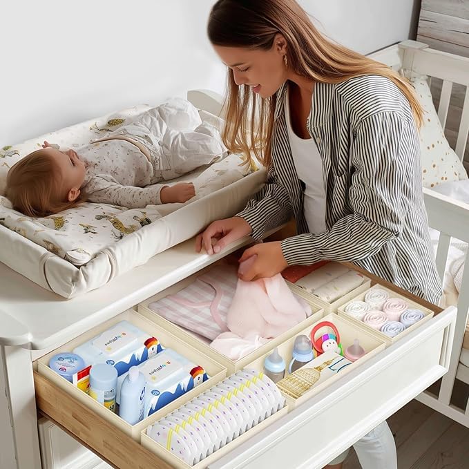 DIMJ Drawer Organizer Clothes 10 Pack - Foldable Baby Organizers and Storage & Dresser Organizer for Bedroom, Closet - Nursery Organization Dresser Dividers for underwear, Sock,Bra, Belt, Tie, Beige - color: Beige, size: 10 Pack