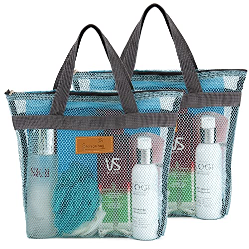 TOPASION Mesh Shower Caddy Bag Portable Hanging Toiletry and Bath Organizer with Zipper for Travel, Gym, Camping, College Dorms, Beach - color: 2 Pcs Sky Blue