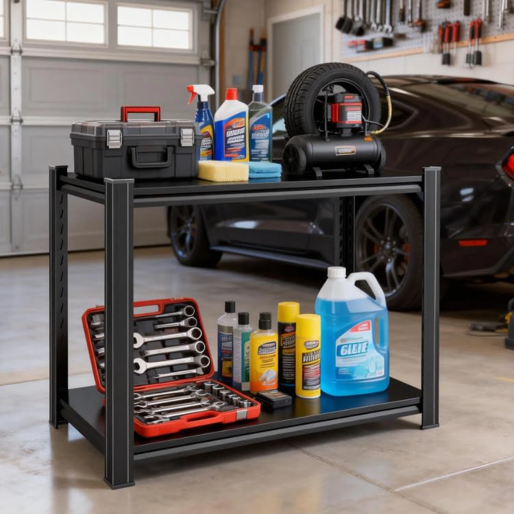 Garage Storage Shelving, Heavy Duty Metal Shelving Unit, 2-Tier Adjustable Storage Shelves, 1200LBS, Utility Garage Organizer Shelf for Basement, Kitchen Pantry, Warehouse, Black, 14"W x 12"D x 22"H - size: 14"W x 12"D x 22"H