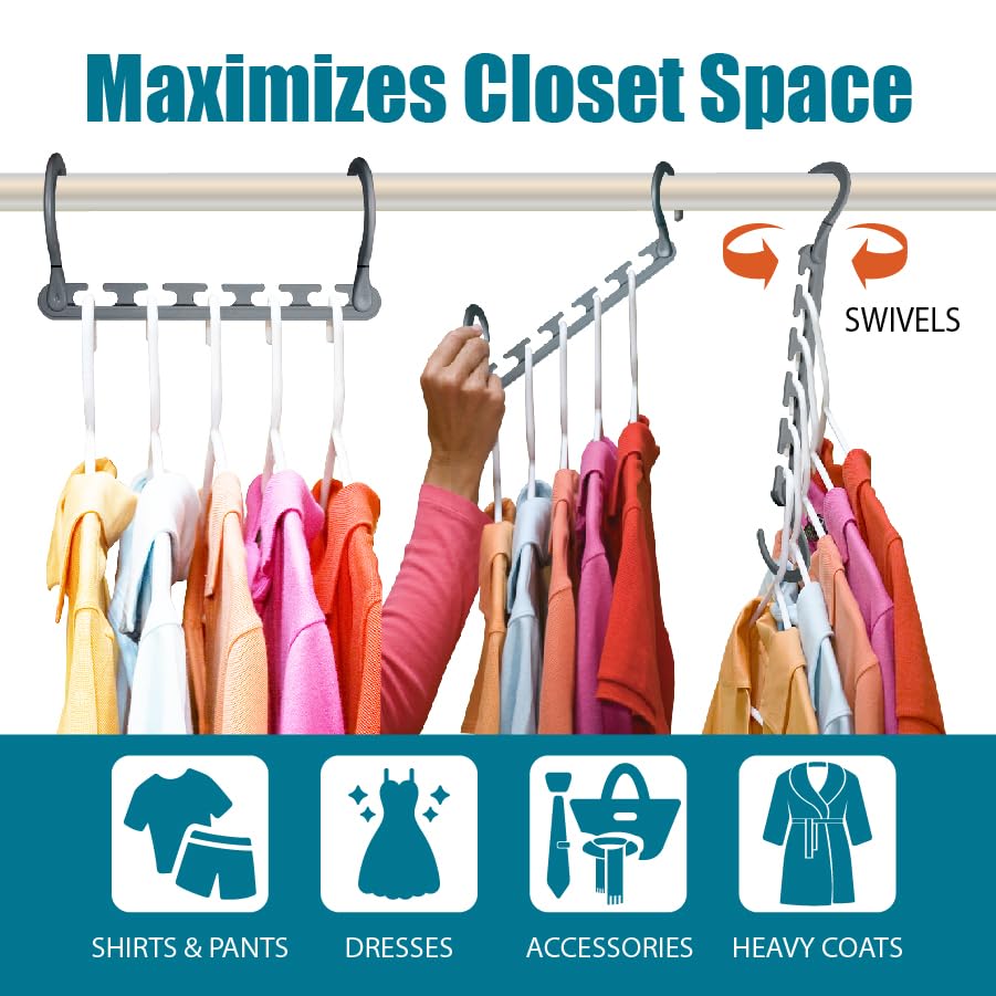 Wonder Hanger Max 10-Pack Space Saving Hangers, Reinforced Hooks Swivels 360°, Cascading Hanger, College Dorms & Storage Closet Organizer, Fully Assembled – Grey - color: Gray, size: PACK OF 10