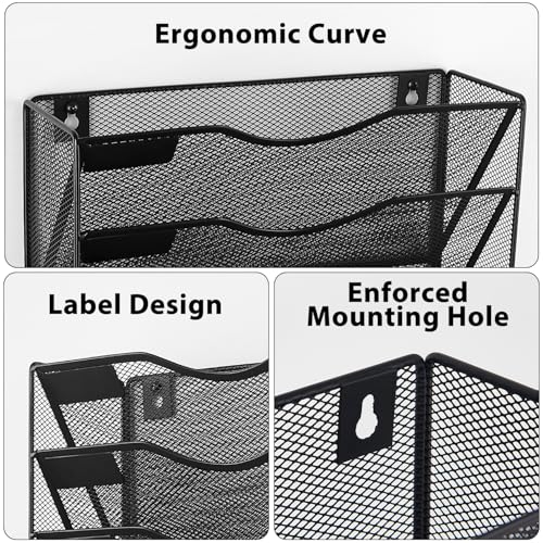 LEKETREE Hanging Wall File Organizer with Office Assorted, 5 Pockets Mesh Wall Mounted Hanging File Folders, Mail Organizer, Holder Rack for Mail, Paper, Document, Binder, Magazine, Menu (Black) - color: Black