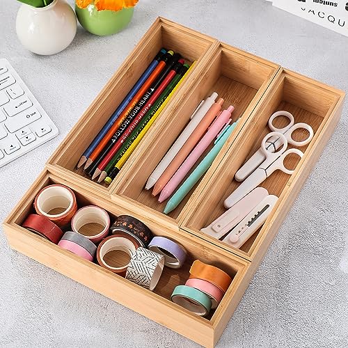 Kigley 8 Pieces Bamboo Drawer Organizer Kitchen Utensils Wooden Utensil Stackable Wooden Storage Box Bamboo Silverware Tray for Drawer(9 x 3 x 2 Inch,Wood) - size: 9 x 3 x 2 Inch