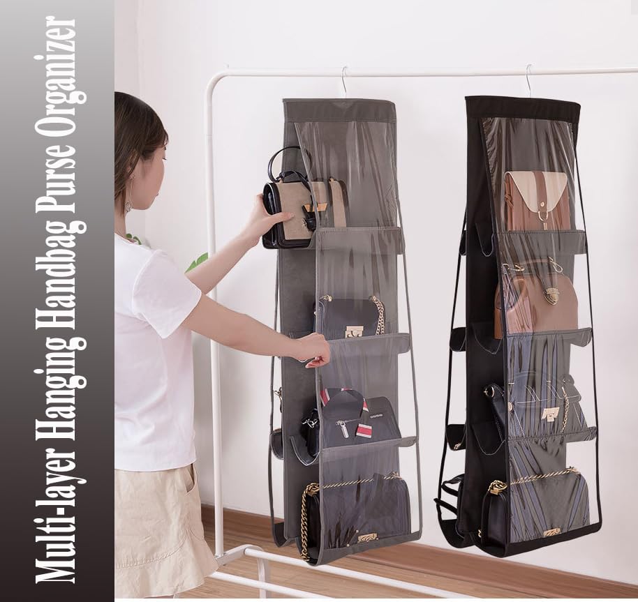 AARAINBOW 2 Packs Hanging Handbag Purse Organizer, Handbag Organizer for Closets, 8 Easy Access Pockets, Womens Purse Storage Organizers, Wardrobe Closet Organizers, 46 L x 13.8W (B Black Gray) - color: B Black Gray