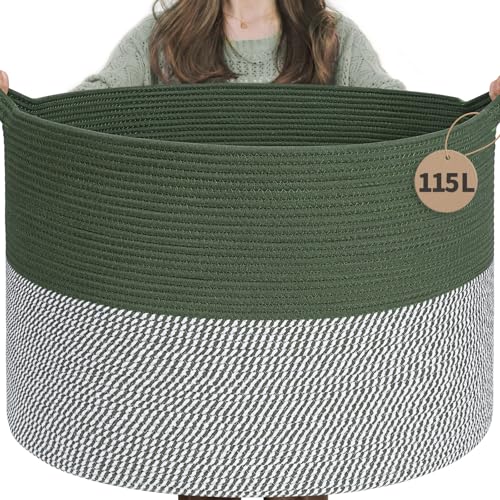 INDRESSME 115L Extra Large Cotton Rope Blanket Basket, Home Decor Laundry Storage Basket for Organizing Bedroom, Living Room, Nursery, Toy Storage for Colthes Towel, Green - color: Green & White, size: 23.6"D x 15.7"H