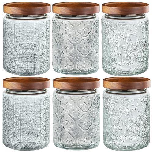 6-Pack 24 OZ Vintage Glass Jar with Lid, Airtight Food Storage Canisters with Bamboo for Kitchen Counter Pantry, Ideal for Coffee, Candy, Tea, Oats, Sugar, Cookies Decorative Jars - color: 24oz-2Sunflower+2Begonia+2Window