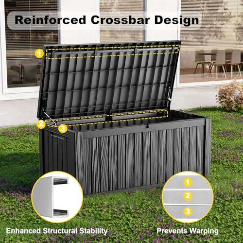 150 Gallon Waterproof Outdoor Storage Box, UV Resistant Resin Deck Box with Hydraulic Rod for Reinforced Stability, Perfect for Patio, Garden, and Pool, Striped Black - color: Black, size: 150 Gallon