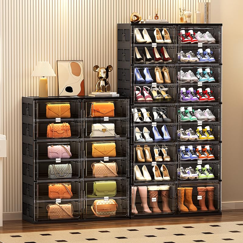 JEKO&JEKO 4 Tiers Foldable Shoe Rack Organizer Cabinet for Closet Entryway, Large Collapsible Shoe Storage Box with Magnetic Doors Fits Up to 16 Pairs (Black) - color: Double-row, size: 4 Tiers