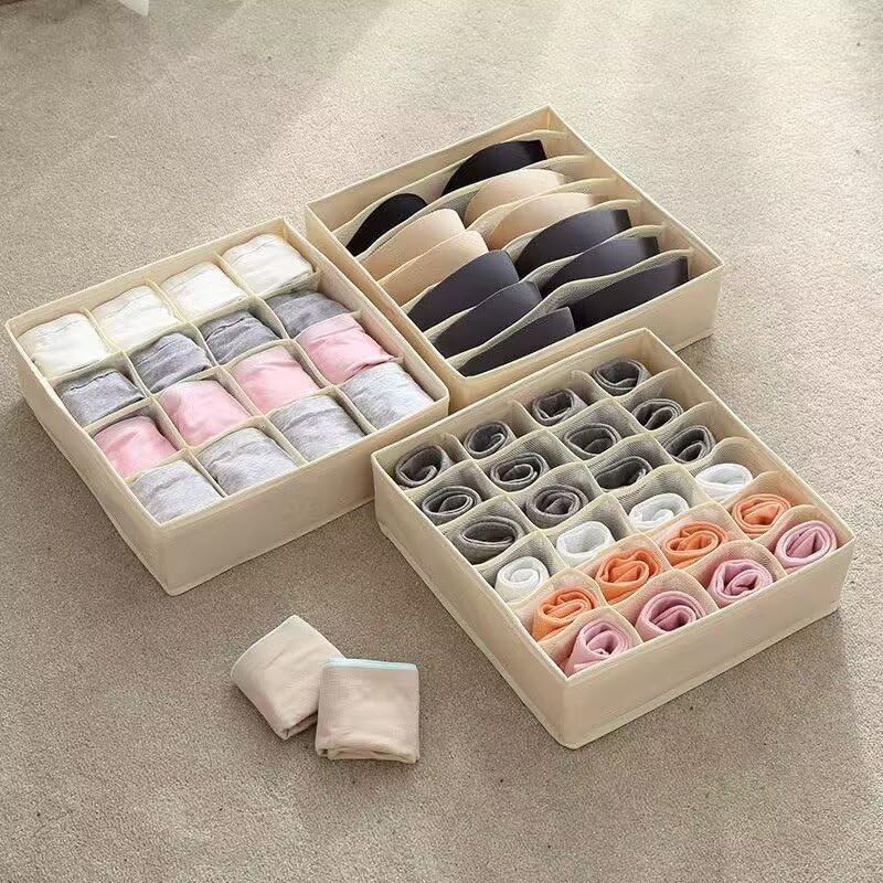 Underwear Drawer Organizer Set – Beige Collapsible Storage Boxes with 16 Compartments for Bras, Socks, and Ties – Made of Oxford Fabric with Sturdy Plastic Frame