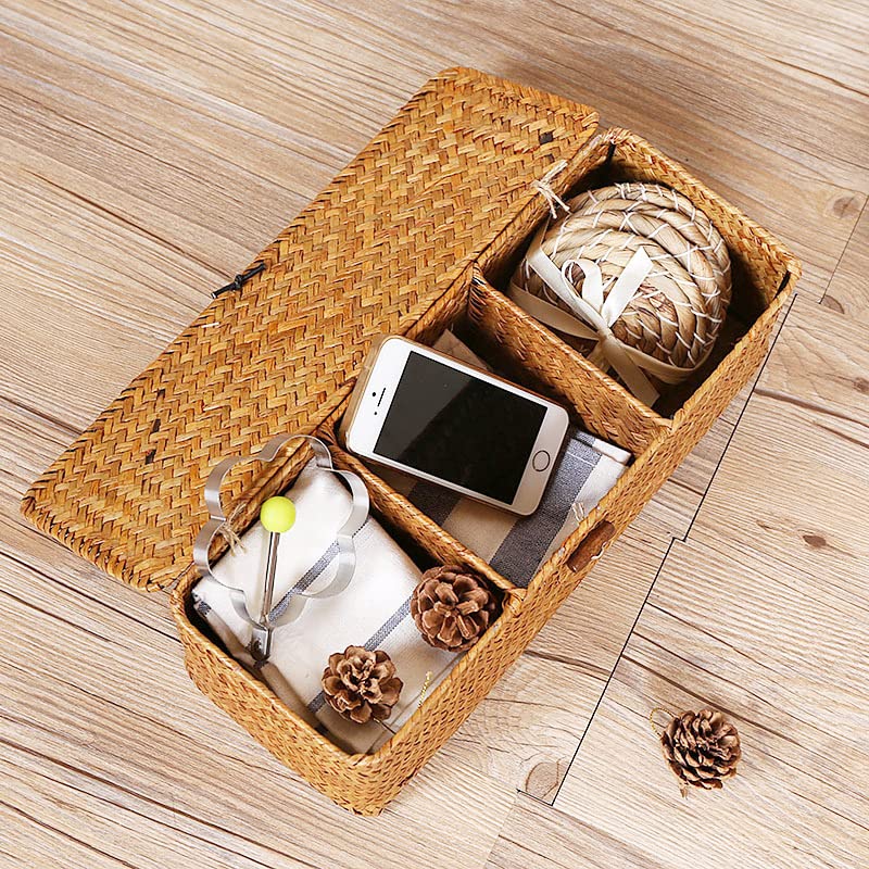 Seagrass Tank Basket with Lid Woven Toilet Roll Storage Basket with Sections Rectangular for Organize Snack Toys Tampon (Large Compartment 16.5inch L x 5.5inch W x 5.5inch H) Natural - color: Natural