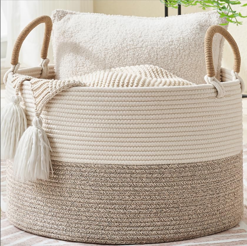KAKAMAY Large Blanket Basket (18"x18"x16"),Woven Baby Laundry Hamper for Storage, Cotton Rope Blankets Baskets for Nursery, Laundry, Living Room, Pillows, Baby Toy Chest with Handles (Black Stripes) - color: Brown and White