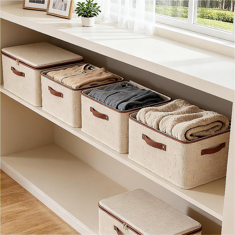 2-Pack Storage Bins with Lids, 56L Fabric Storage Boxes with Handles, Breathable Cotton Linen Clothes organizing Box for Wardrobe, Closet (XX large 49 * 37 * 31cm) - size: 2-XX large
